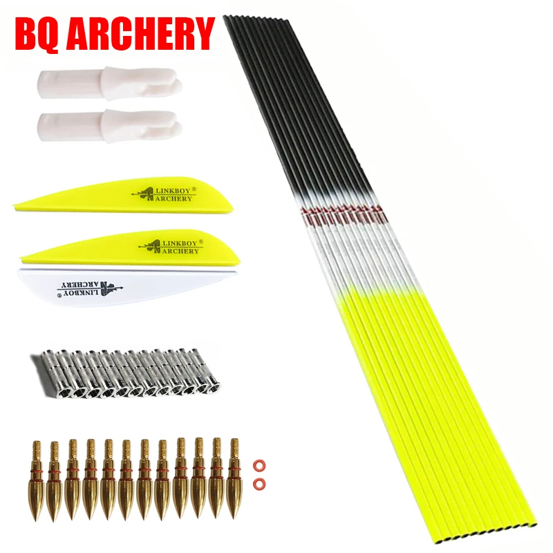 12pcs Archery Carbon Arrows Shaft Sp300 -800 DIY Accessories for Compound Traditional Bow Longbow 100gr Tips Hunting