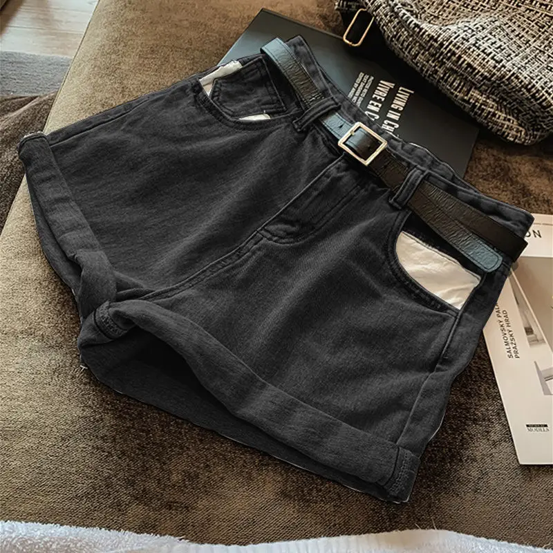 

Ailegogo 2022 New Summer Women Vintage Wide Leg High Waist Black Denim Shorts Casual Female Loose Solid Color Blue Jeans Shorts