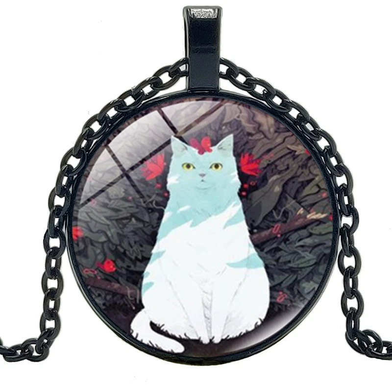 

New Jewelry Statement Necklace Butterfly and Cat Creative Time Glass Convex Round Pendant Necklace Children's Gift