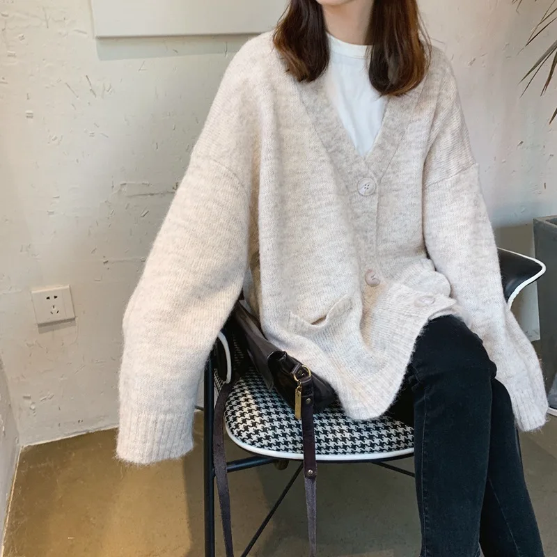 Женский мохеровый Свитер оверсайз теплый толстый кардиган с тремя пряжками и V