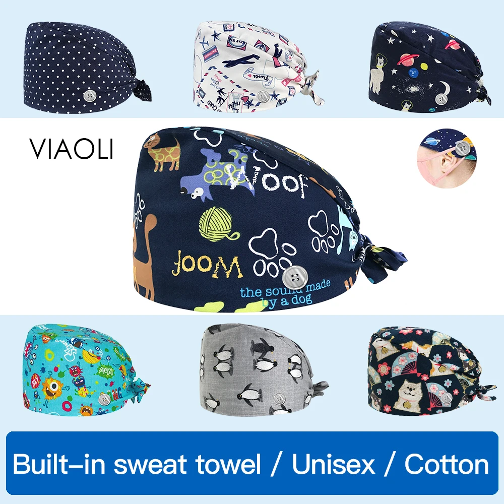 

viaoli new men and women sweat-absorbent cartoon printing Adjustable Scrubs Cap Button cap work hats Scrub Cap Wholesale prices