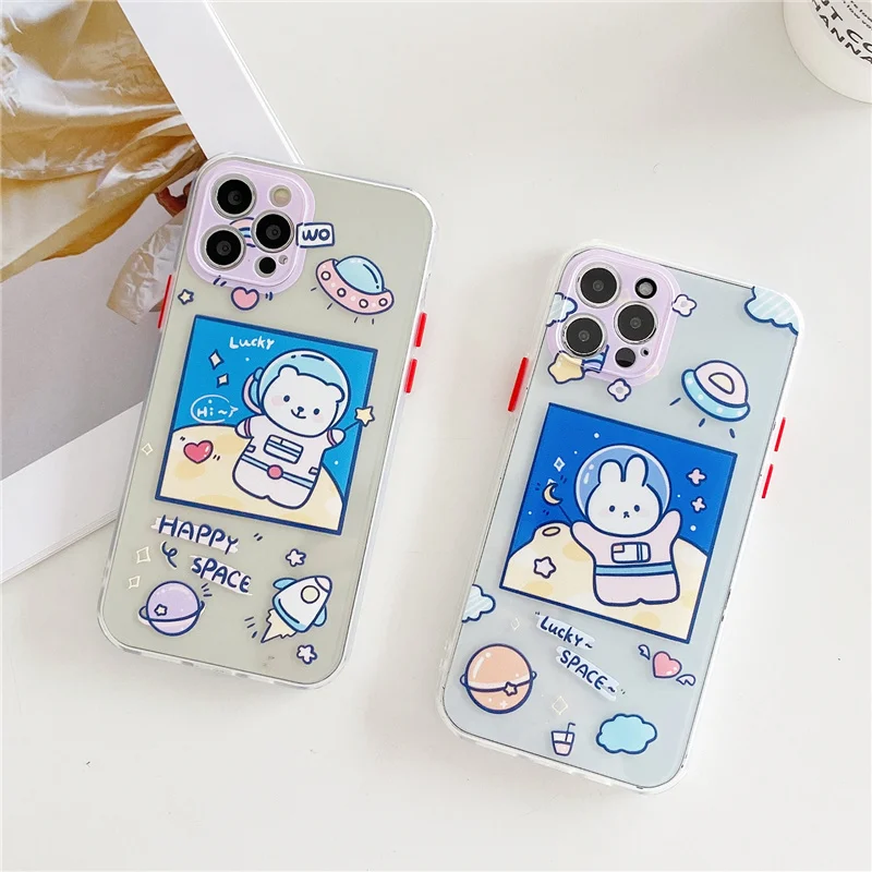 

Cute Space Cartoon astronaut Phone Case on For iPhone 12 11 Pro Max XS Max XR 7 8 plus SE Clear Shockproof Lens Protection Cover