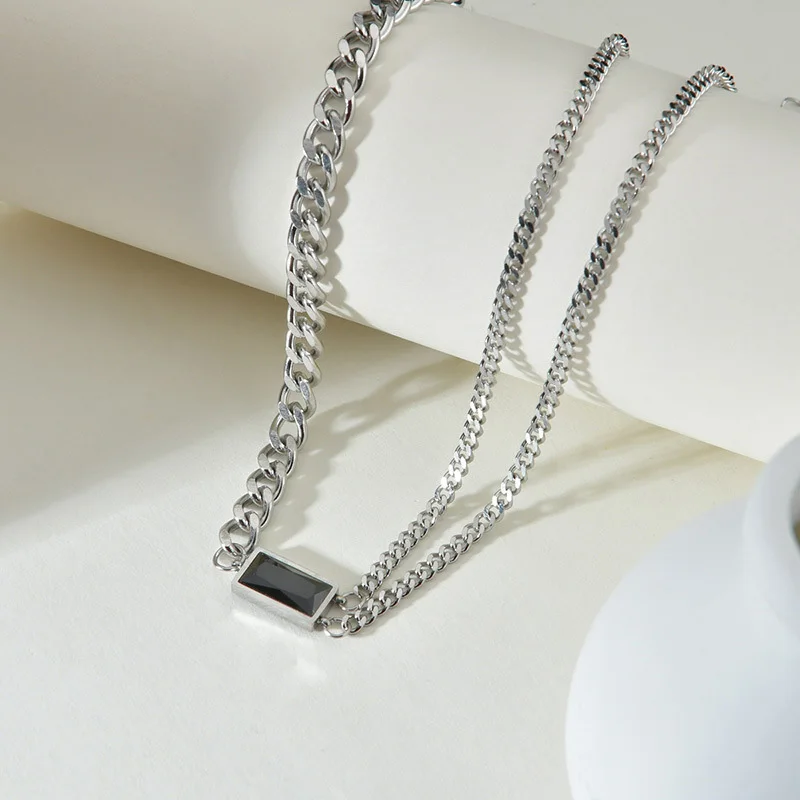 

High Qualitry Trendy Chain Necklace Black Stone Pendant Stainless Steel Double Layer Necklace Drop Shipping