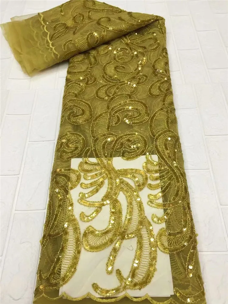 

2021 African Net Lace Fabric High Quality 5yards Heavy Sequines French Mesh Lace Fabric For Wedding Party Dress DF12