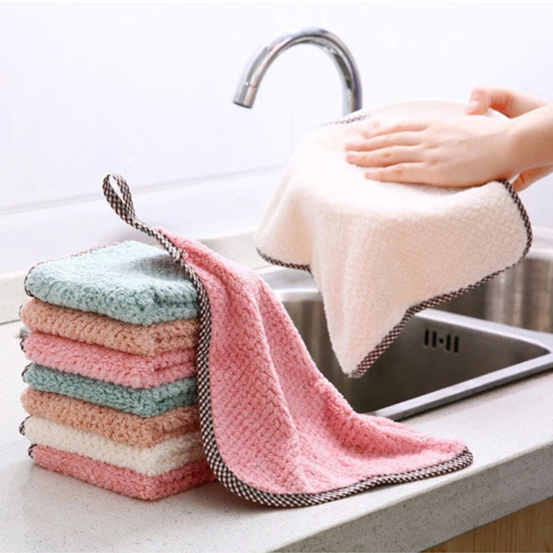

2pcs Kitchen Towel Cleaning Cloth Nonstick Oil Coral Velvet Hanging Hand Towels Dishclout Washing Windows Car Floor Clean Tool