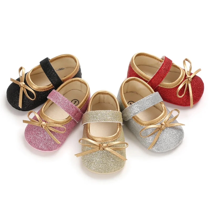 Mocasines de princesa para beb&eacute; y ni&ntilde;a, zapatos para reci&eacute;n nacido, con lazo bonito, zapatos de lentejuelas, suela suave de cuero Pu, primeros pasos-0