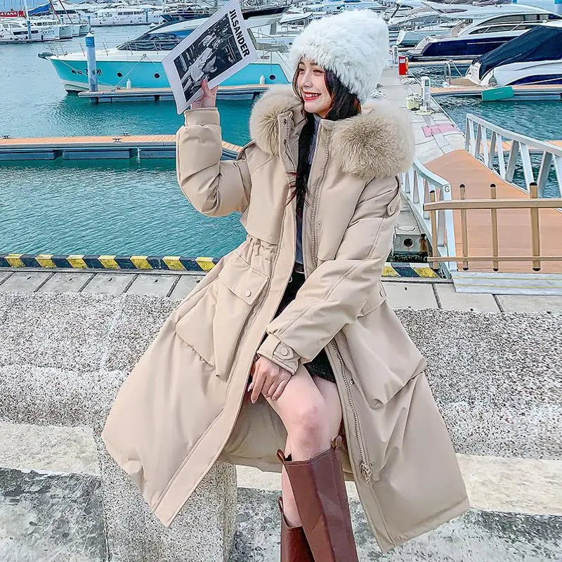 

Women 2021 Winter New Long Loose Warm Down Jackets Female Real Fox Fur Collar Outwear Ladies White Duck Down Hooded Coats E538