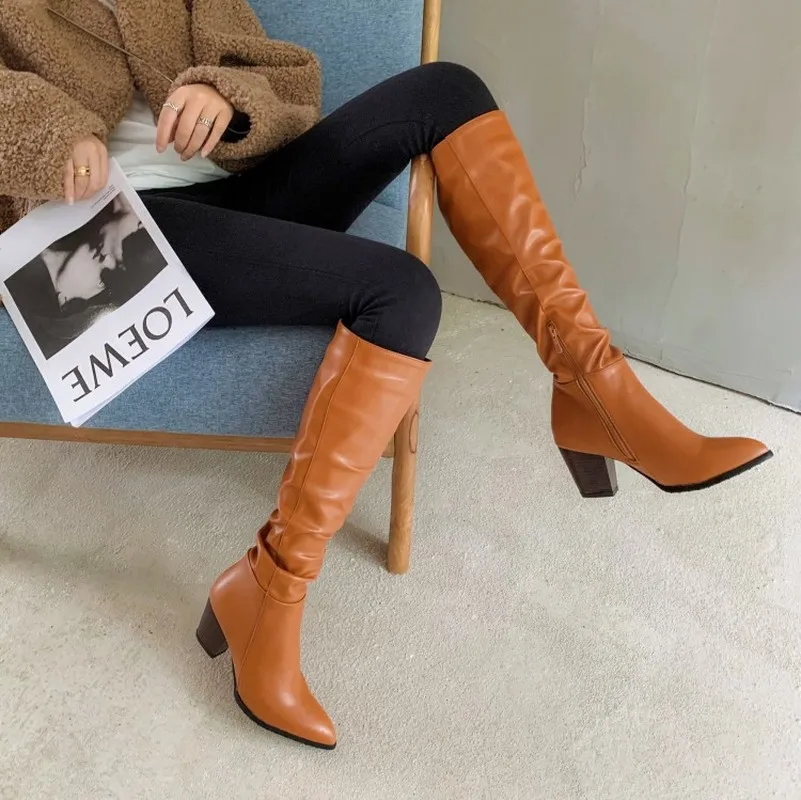 

7CM High Heels Pleated Female Boots High Quality Women Knee-High Boots Zipper Pointed Toe Footwear Party Shoes Women 2020 Winter
