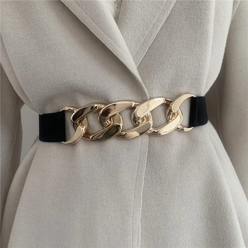 

Gold Chain Belt Elastic Silver Metal Waist Belts For Women High Quality Stretch Cummerbunds Ladies Coat Ketting Riem Waistband