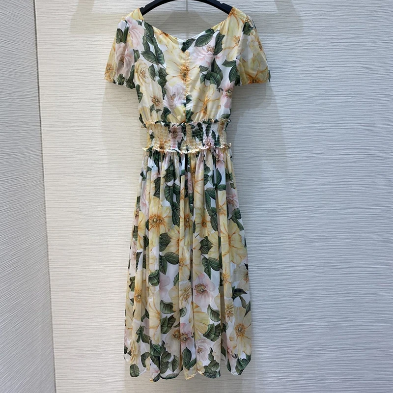 

2021 Summer Fashion Women Runway Designers Short Sleeve V Neck Elastic Waist Floral Print Chiffon Dress Beach Holiday Vestidos