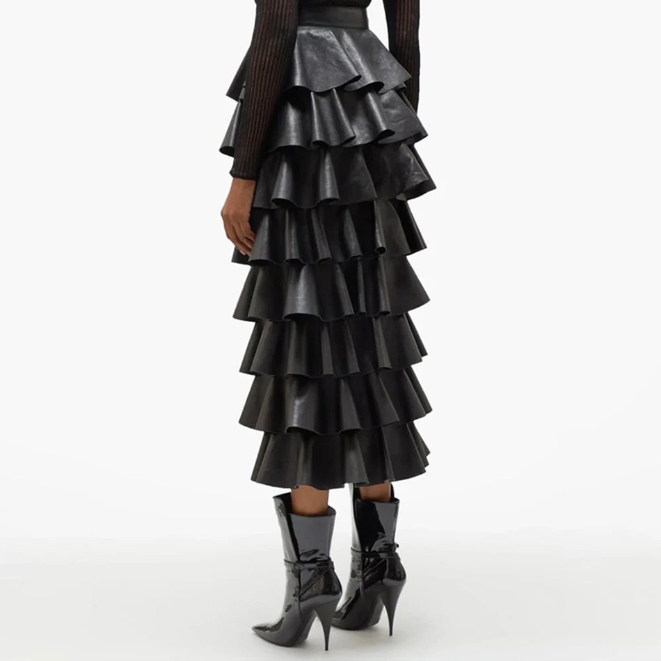 Женская юбка из ПУ кожи с оборками и высокой талией | одежда