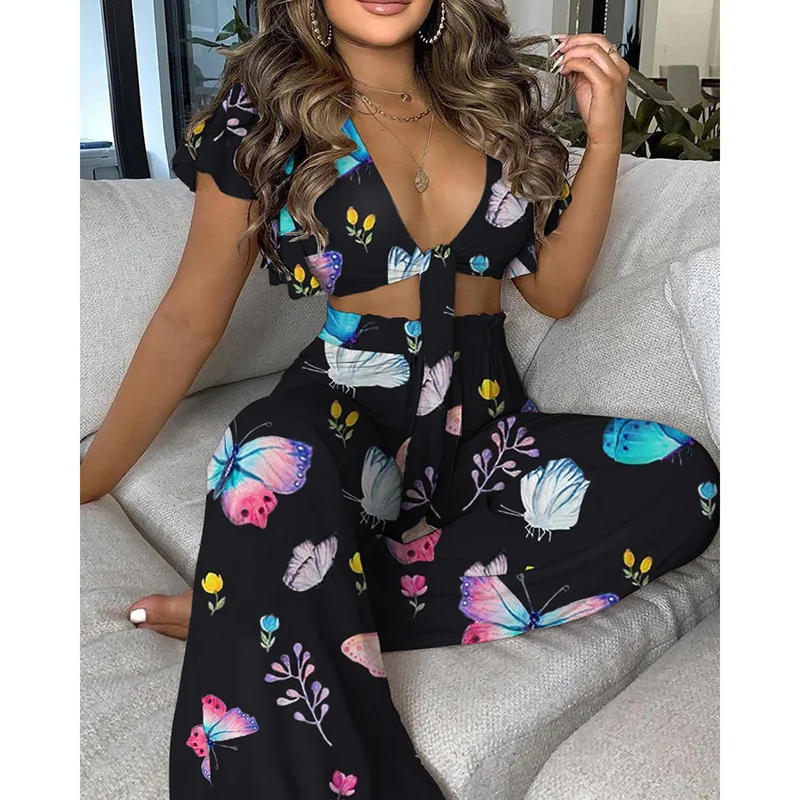 

Женский спортивный костюм с коротким рукавом, V-образным вырезом и оборками, с высокой талией, с цветочным принтом, длинные брюки, летний, ...