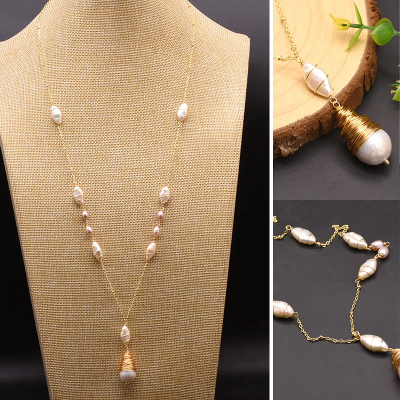 

2021 Handmade Natural Fresh Water White Baroque Pearl Long Pendant Necklace For Women Girl Lovers' Engagement Gift Accesorios