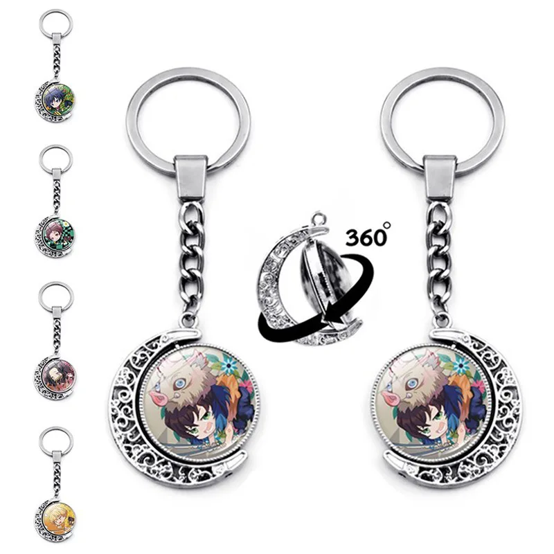 

Kimetsu No Yaiba Kamado Nezuko Tanjiro Keychain Cute Cartoon Double Sided Glass 360 Rotates Anime Car Key Chain Charms Key Ring