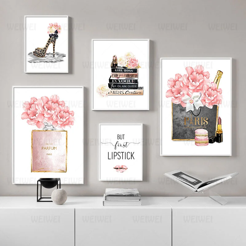 

Fashion Paris Wall Picture for Living Room Home Decoration High Heels Woman Canvas Painting Flowers Posters and Prints Lipstick