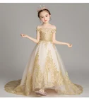 Свадебное платье для девочки, с открытыми плечами, с золотыми блестками, кружевное детское платье для первого причастия, детское платье для крещения, пышное платье, платья в цветочек для девочки