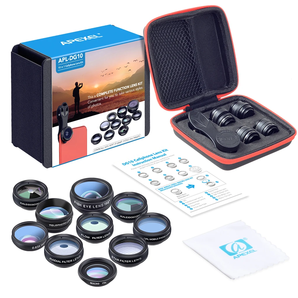 

10-in-1 Fisheye Macro Lens Set Camping Outdoor Traveling Phone Camera Lenses Filters Assorted with Travel Case Accessory