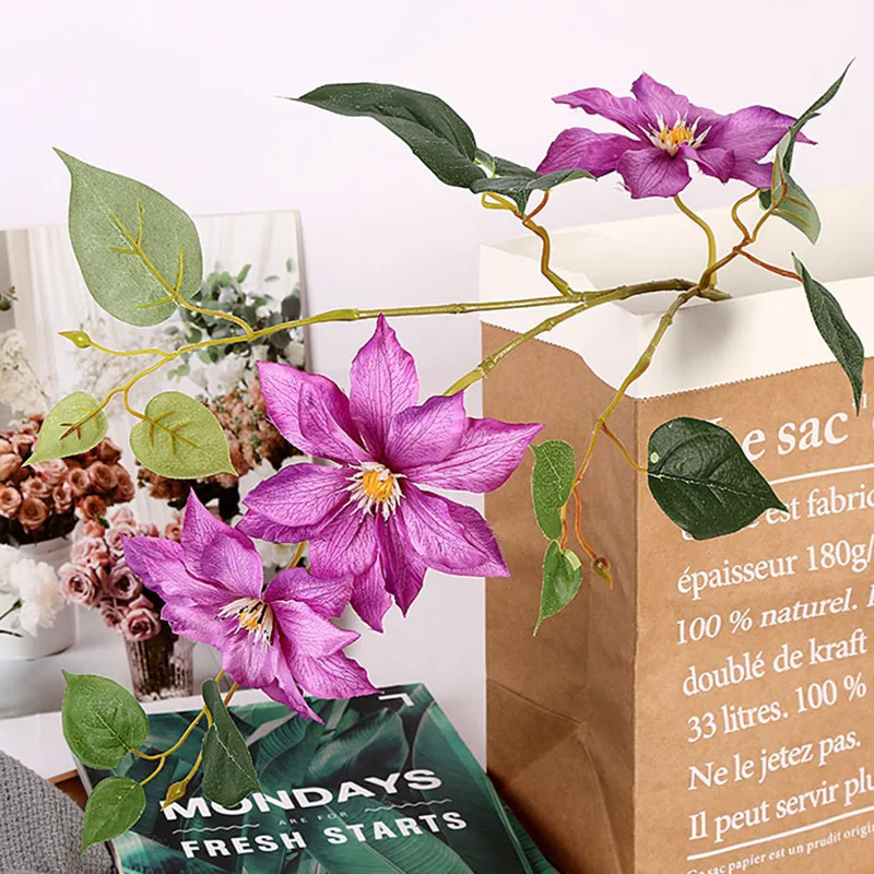 Роскошные ветки цветов клематиса 3 шелковые искусственные цветы для украшения