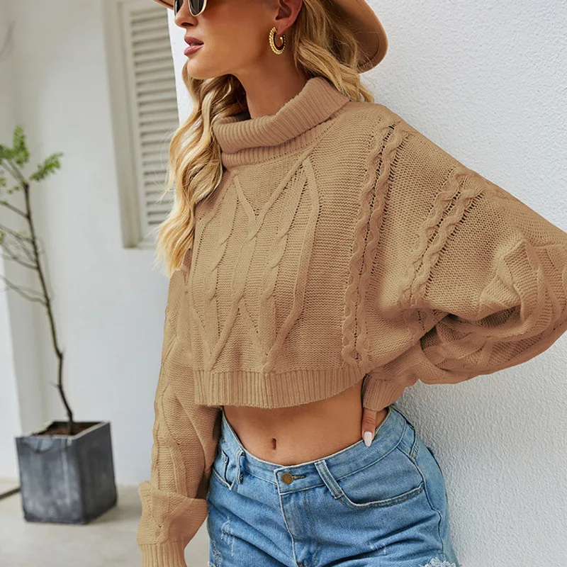 

2021 Autumn Winter Women's Knitted Brown Sweater Turtleneck Long Sleeve Tops Vintage Short Pullovers Y2k Knitwear Jumpers