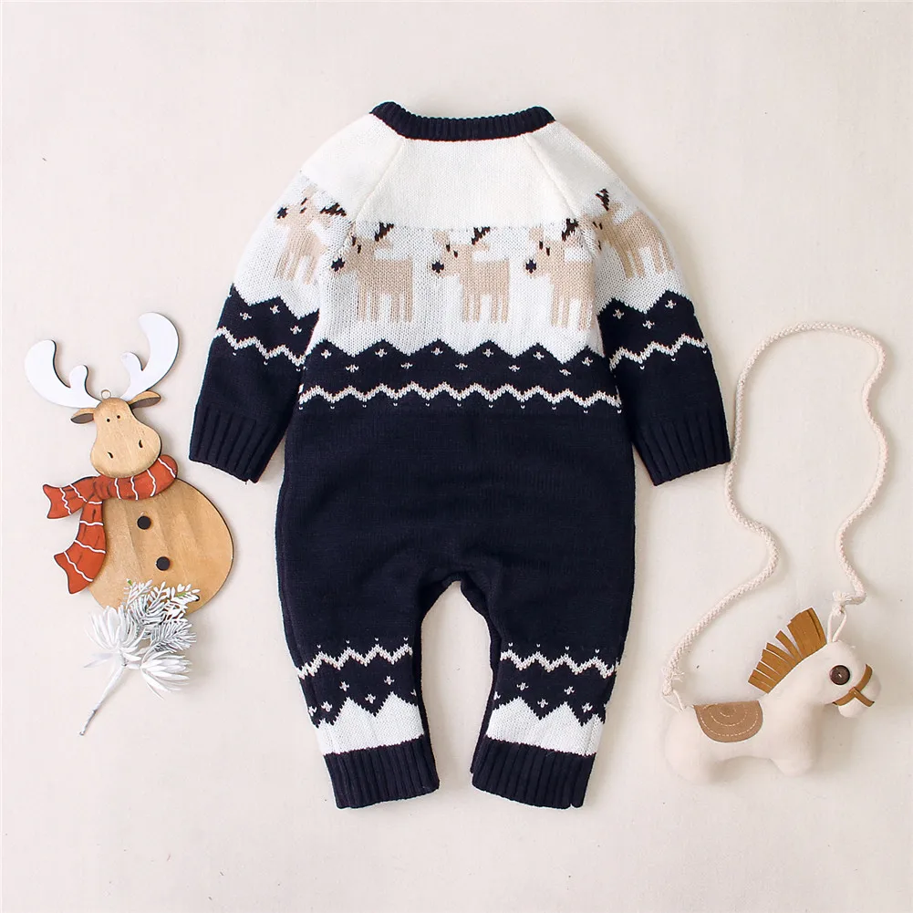 

Pudcoco 2020 Winter Christmas 0-18M Newborn Baby Boy Girl Knitted Elk Pattern Long Sleeve Romper Toddler Xmas Outfit Clothes