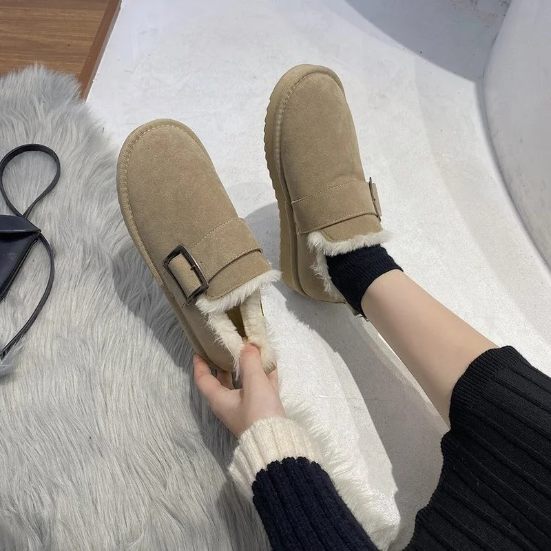 

Ladies Winter cotton shoes metal buckle strap flats solid nubuck flock furry sneakers women moccasins comfy warm plush loafers