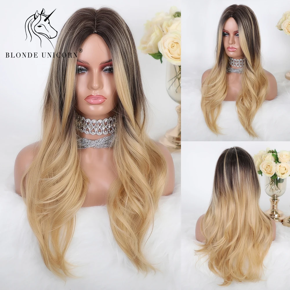 Длинный синтетический парик блондинка Единорог темные корни Омбре светильник