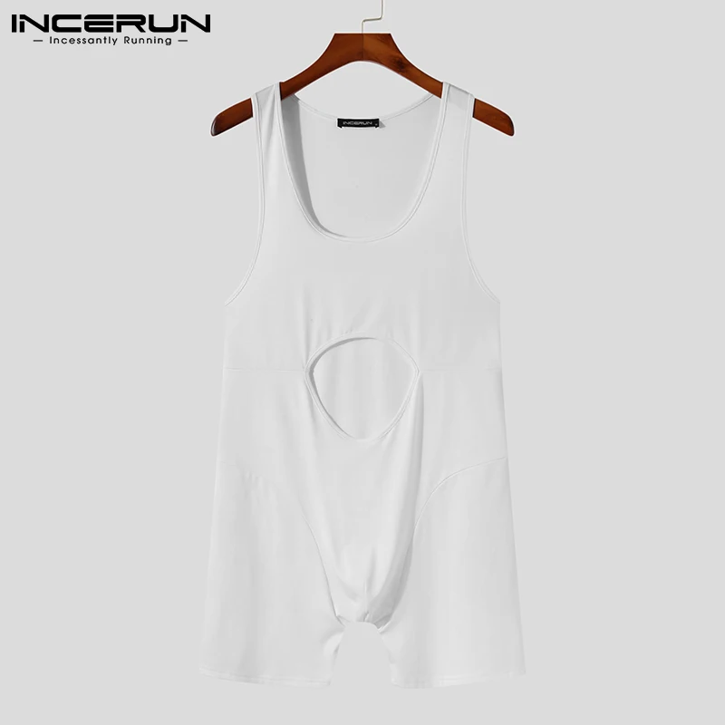 INCERUN Comfortable Homewear New Men's Bodysuit Solid All-match Simple Rompers Male Front Cutout Hot Sale Jumpsuits S-5XL 2022
