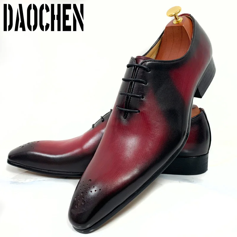 

Elegant Style Men Formal Shoes Lace Up Men Pointed Toe Dress Shoes Red Black Office Wedding Genuine Leather Oxford Shoes For Men