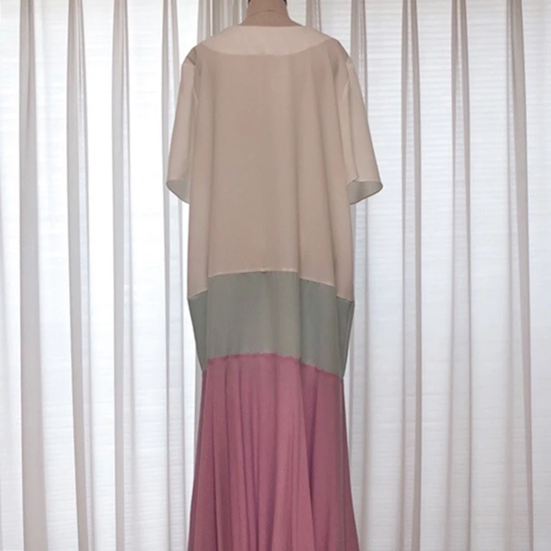 

GALCAUR Pullover Patchwork Dress For Women V Neck Short Sleeve Ruched Hit Color Mid Dresses Females Fashion Clothing 2021 Summer