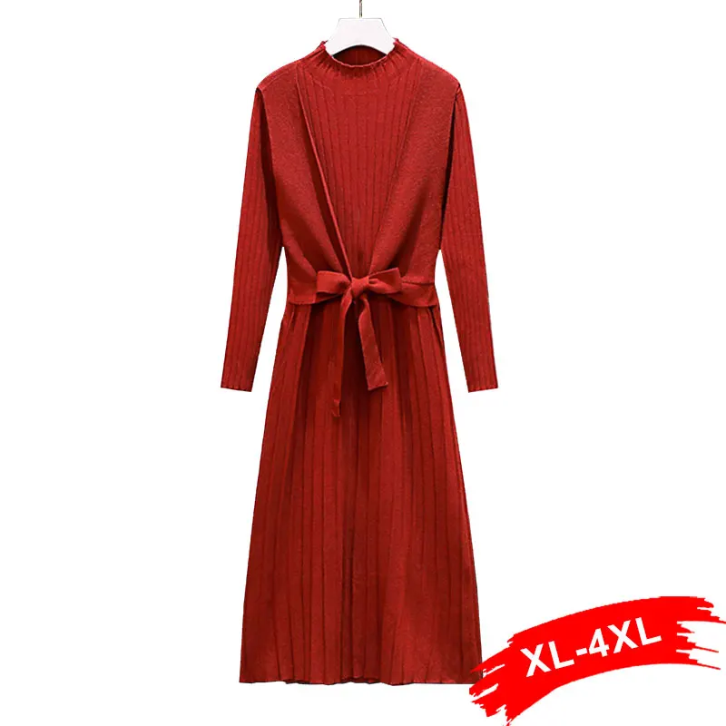 

Long Turtleneck Plus Size Sleeve Sweater Dress 5XL Autumn Warm OL Workwear Elegant Belted A-line Solid Slim Knitting Dresses