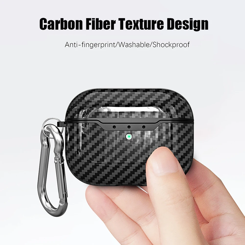 

Case For AirPods Pro Carbon Fiber Litchi Grain Shockproof Earphones Protective Cover with Keychain For Air Pods Pro 2019 Cases