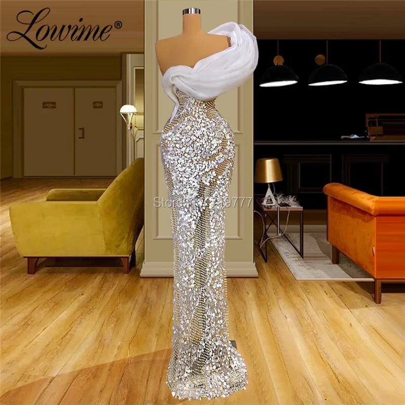 Pearls Ivory Evening Dresses Luxury Celebrity Dress Silver Sequins Illusion Party Gowns 2020 Dresses Women Party Night Prom
