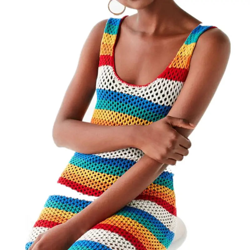 Женское трикотажное платье туника разноцветное пляжное мини в полоску без