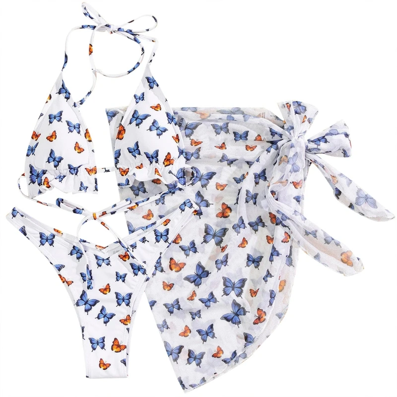 

Women Sexy 3pcs Bikini Set Butterfly Print Halter Triangle Swimsuit with Sarong