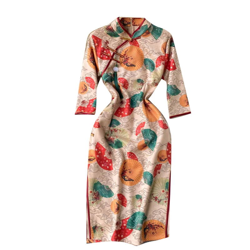 

2021 Spring Fashion New Vestidos Female Chinese Style Improved Cheongsam Temperament French Elegant Midi Dress C462