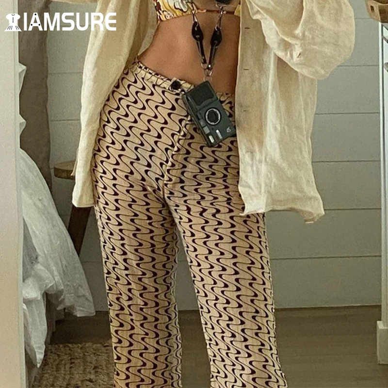 

IAMSURE Fashion Paisley Print Woven Pants Women 2021 Slim High Waisted Trousers Y2K Aesthetic Casual Streetwear Elegant Laidies
