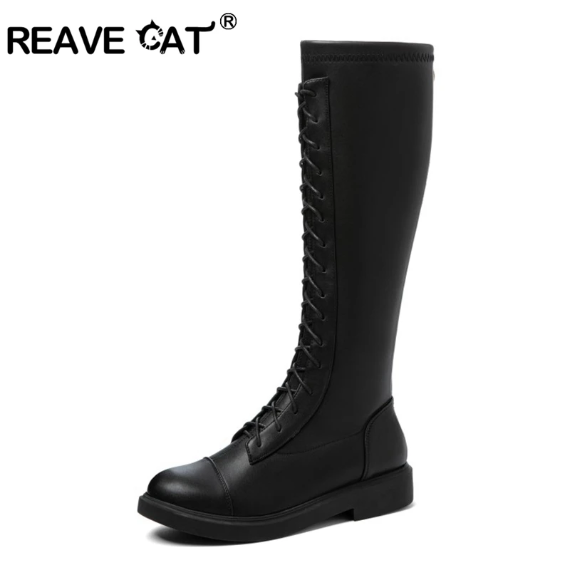 

REAVET CAT Autumn Motorcycle Knee-high boots Round toe Low heel PU Zipper Cross-tied Big size 33-44 Black Club Party Date S2000