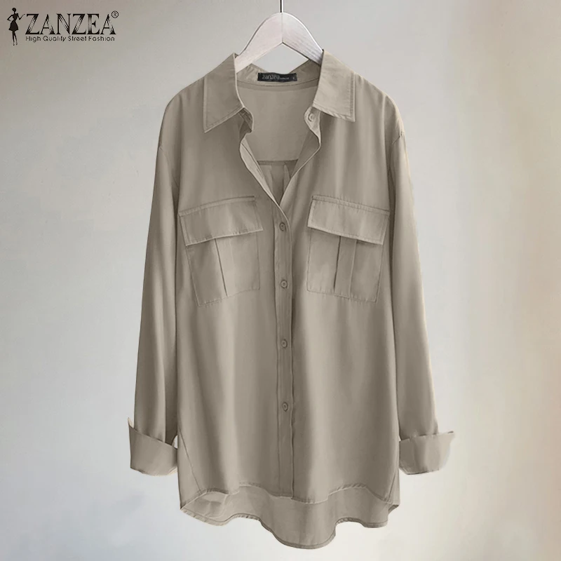 

Women OL High Low Tops ZANZEA Oversized Lapel Blusas 2022 Autumn Irregular Blouse Fashion Solid Shirt Lady Casual Pocket Chemise