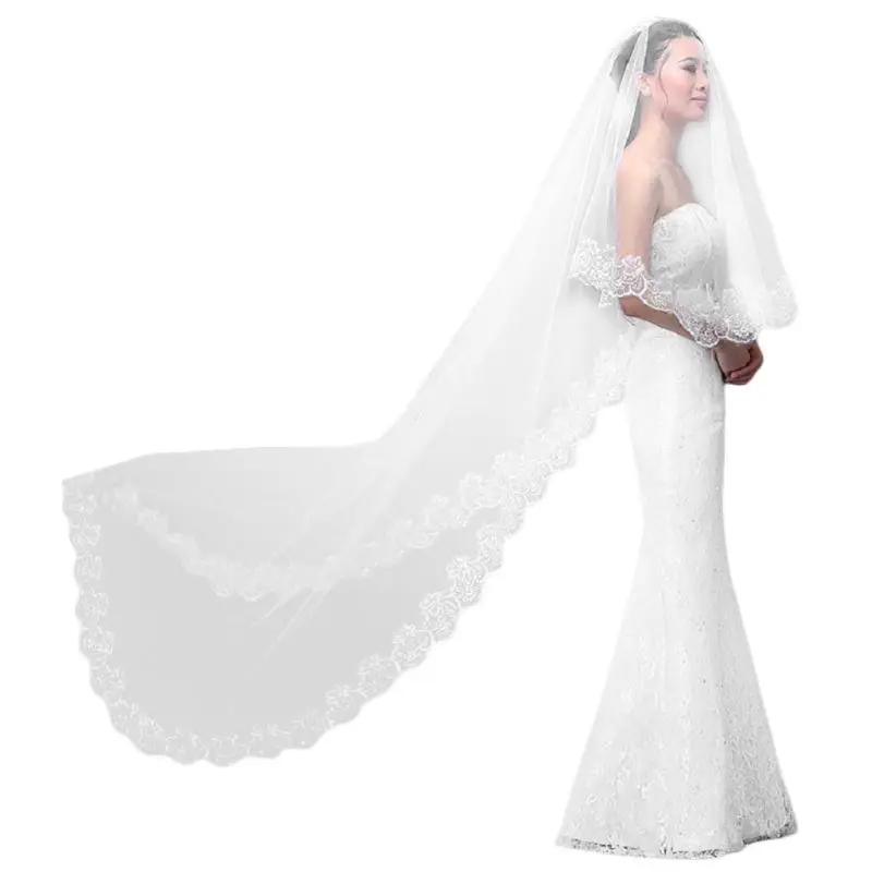 

LXAE Women Pure White Wedding Veil 3M Long Embroidered Floral Lace Scalloped Edge Bridal Cathedral 1 Layer Party Accessories