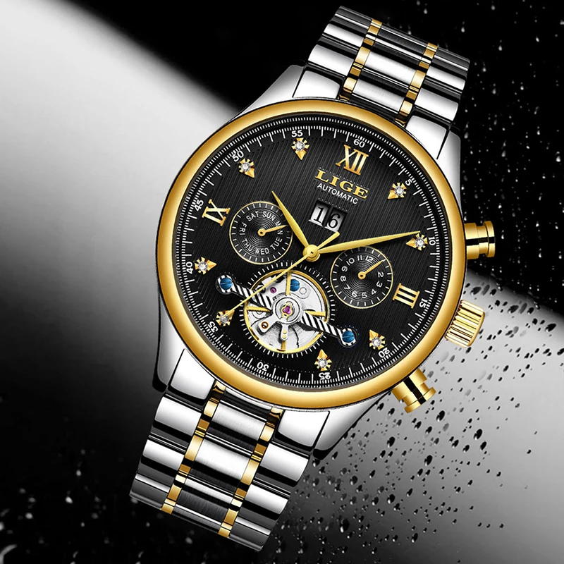 Часы наручные LIGE Мужские автоматические брендовые Роскошные модные деловые