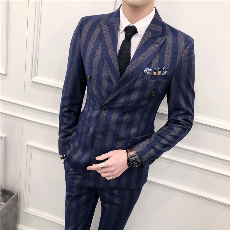 

Slim Fit Double Breasted Suit 2021 Latest Coat Pant Designs Skinny Men Prom Stripe Suits Wedding Costume Homme Luxe 3 Piece