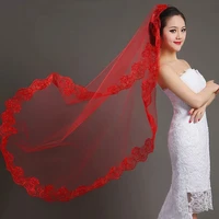lastest look of the new style red bridal veil lace short elbow wedding veil appliques bride veils