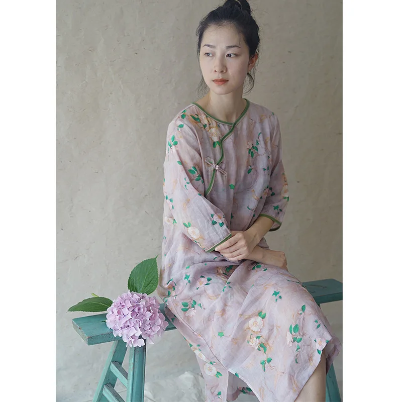 

SCUWLINEN 2022 Spring Summer Women Dress Retro Chinese-style Camellia Print Plate Buttons Patchwork Loose Long Ramie Dress P251