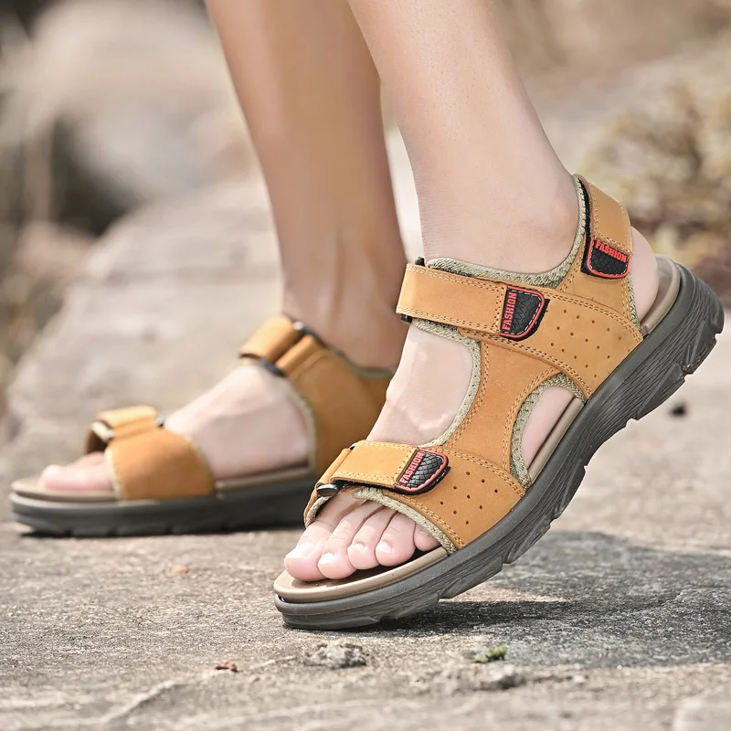 

Summer Men's Hiking Luxury Sandals Beach Flat Leather Big size Black High Quality Outdoor Breathable Casual Shoes New 2021