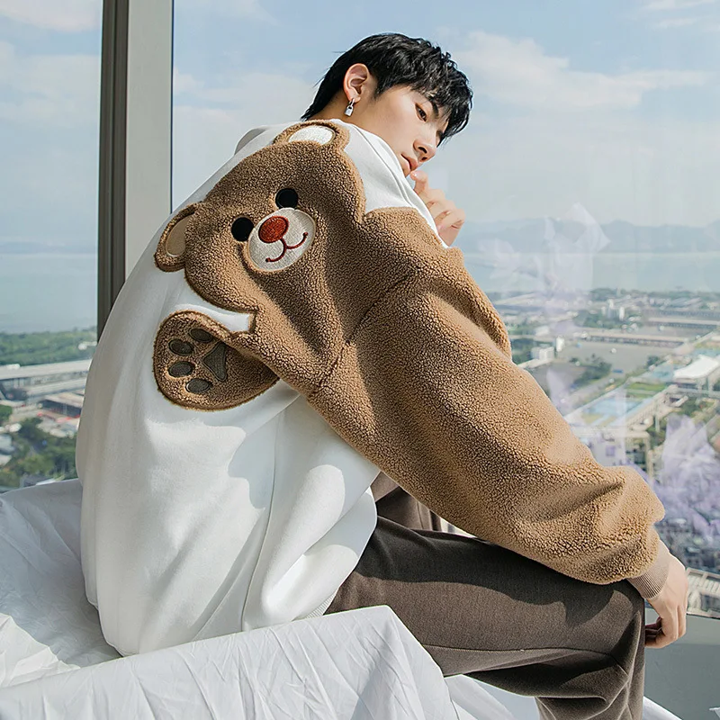

Plush and Thickened Autumn and Winter Round Neck Long Sleeve Lamb Hair Embroidery Flocking Cute Bear Loose Sweater for Men Women