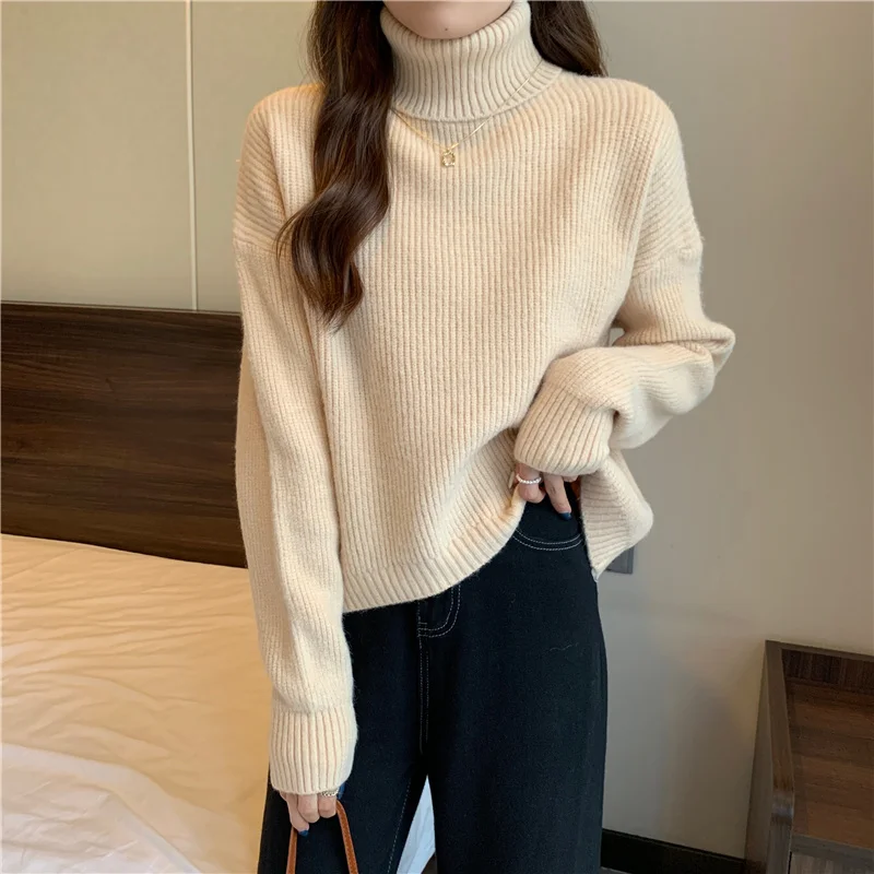 

Chic Women Knitted Turtleneck Sweaters Autumn Winter Full Sleeve Loose Casual Female Sweater Pullovers Jumpers Knitwear S157