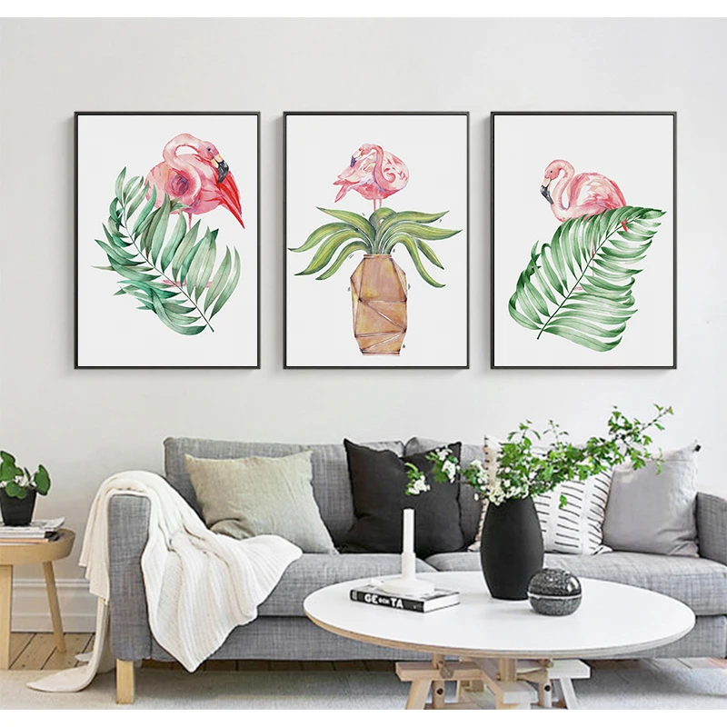 Зеленые растения лист и фламинго постер для детской комнаты принты настенная