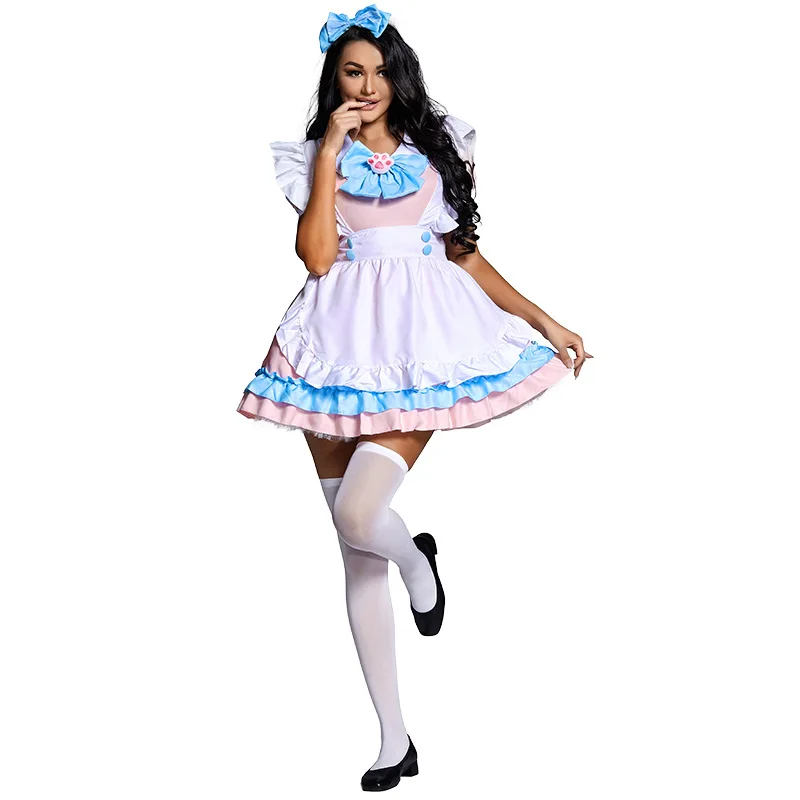 

Halloween Cute Anime Costumes Cat Claws Pink Blue Japanese Maid Skirt Stage Costume Set