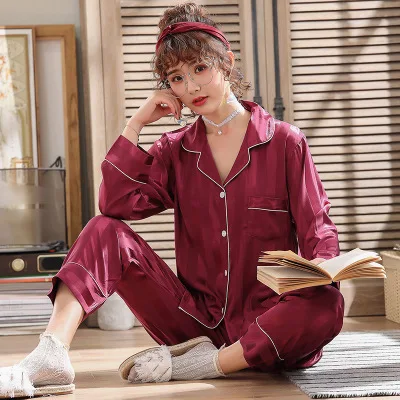 Весенняя полосатая пара пижамный комплект для женщин ледяная Шелковая пижама с