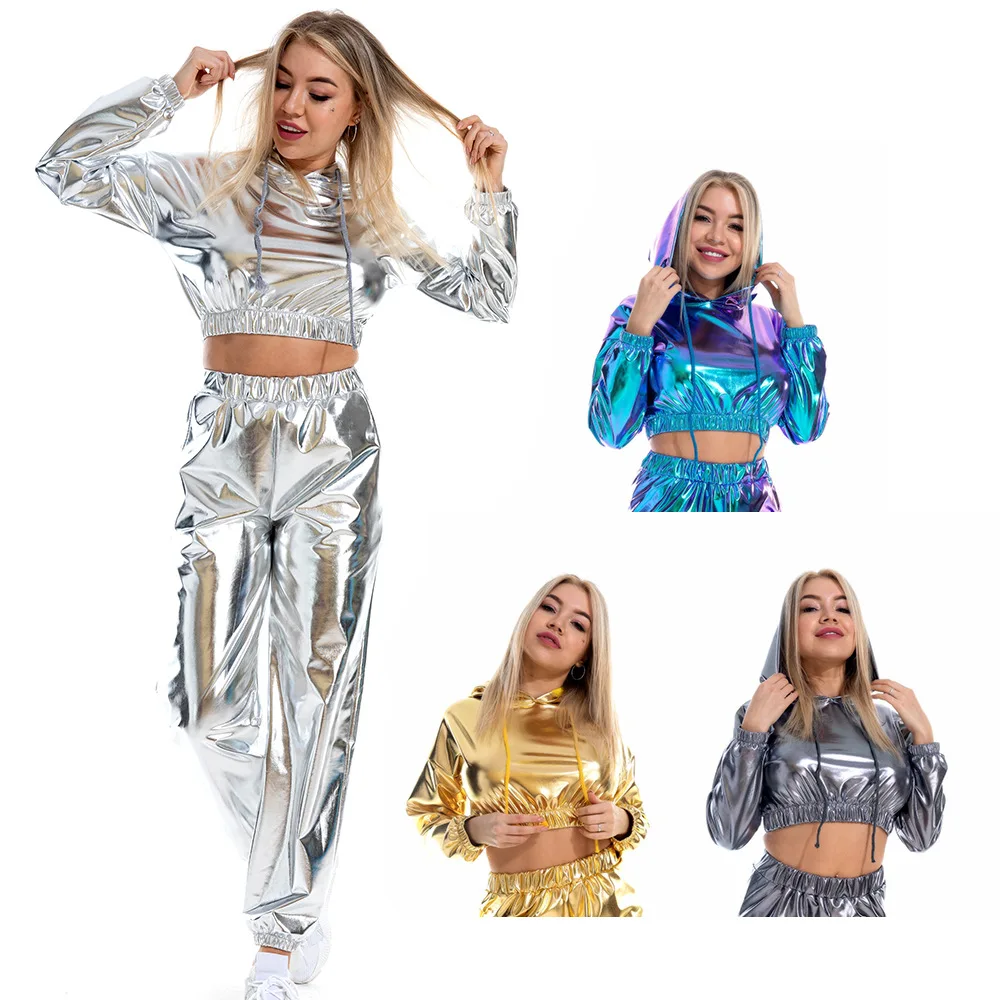

Sexy Cropped Holographic Hoodies Women Shiny PU Metallic Hoody Long Sleeve Short Sweatshirt with Drawstring Pullovers Streetwear